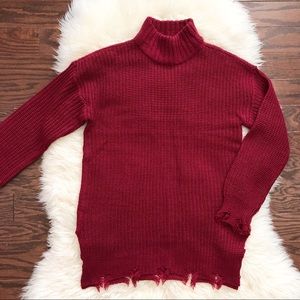 no comment Women’s Maroon Loose Knit Raw Edge Long Sleeve Pullover Sweater M